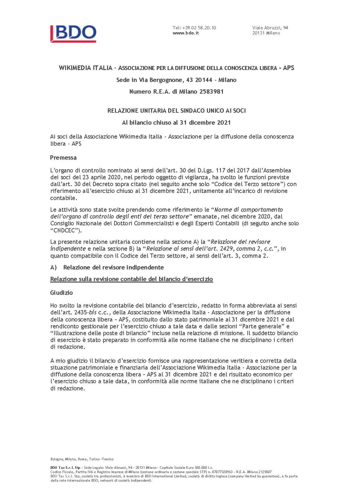 Relazione dell'organo di controllo